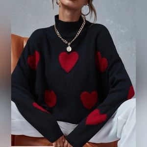 Heart Mock Neck Drop Shoulder Sweater